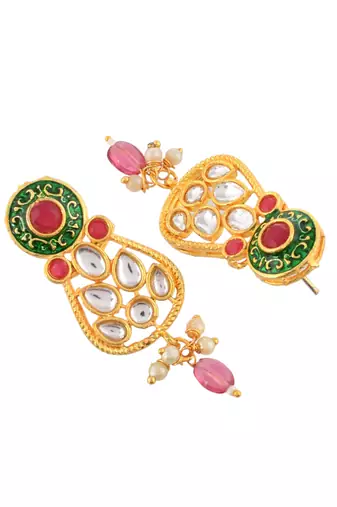 Red & pink beaded gold necklace & earrings set for women
