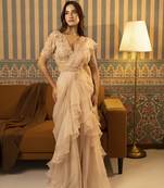 Beige organza plain saree with embroidered blouse & belt