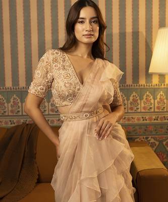 Beige organza plain saree with embroidered blouse & belt 2