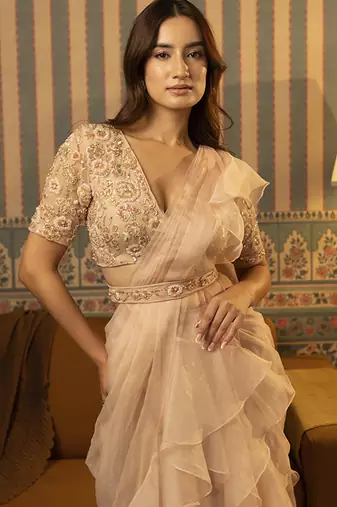Beige organza plain saree with embroidered blouse & belt