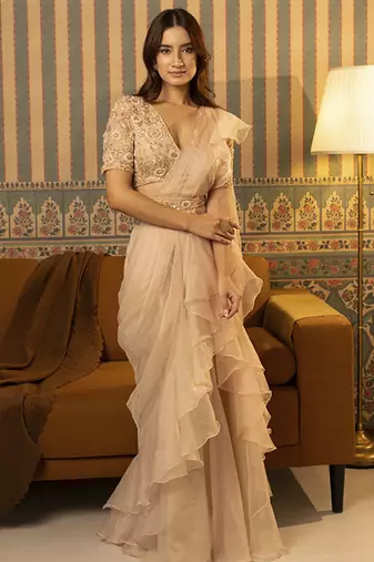 Beige organza plain saree with embroidered blouse & belt
