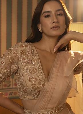 Beige organza plain saree with embroidered blouse & belt 4