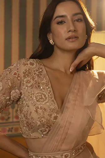 Beige organza plain saree with embroidered blouse & belt