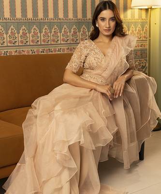 Beige organza plain saree with embroidered blouse & belt 5