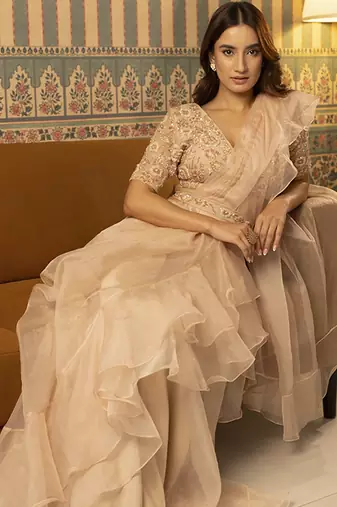 Beige organza plain saree with embroidered blouse & belt
