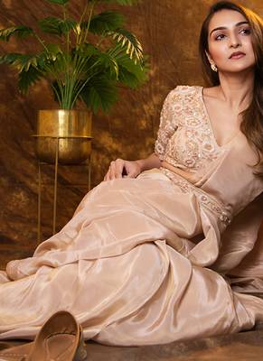 Beige tissue plain saree with embroidered blouse & belt 2
