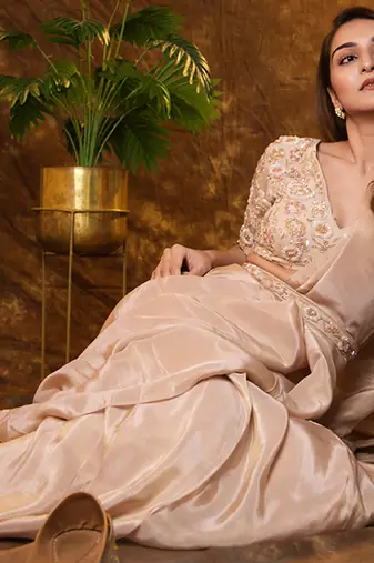 Beige tissue plain saree with embroidered blouse & belt