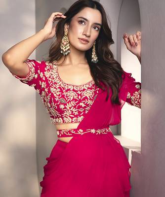 Pink georgette plain saree with embroidered blouse & belt 2