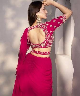 Pink georgette plain saree with embroidered blouse & belt 3