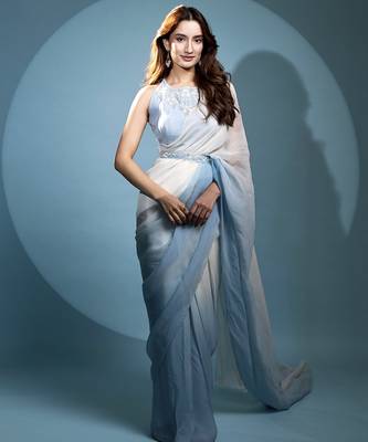 Light blue organza plain saree with embroidered blouse & belt 4