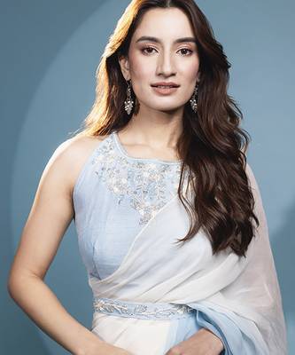 Light blue organza plain saree with embroidered blouse & belt 5