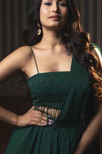Green georgette plain saree with embroidered blouse