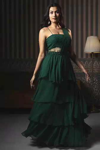 Green georgette plain saree with embroidered blouse