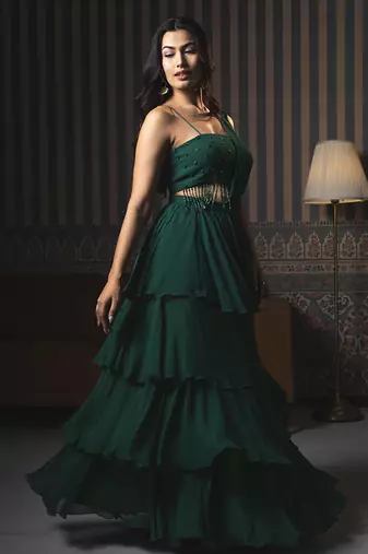 Green georgette plain saree with embroidered blouse