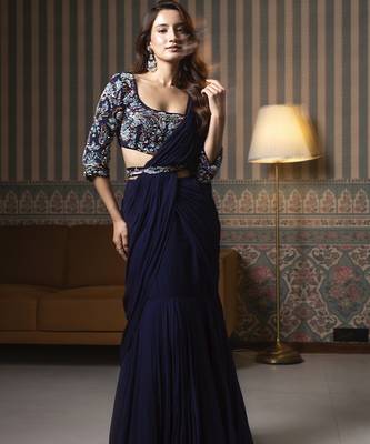 Navy blue georgette plain saree with embroidered blouse & belt 1