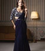 Navy blue georgette plain saree with embroidered blouse & belt