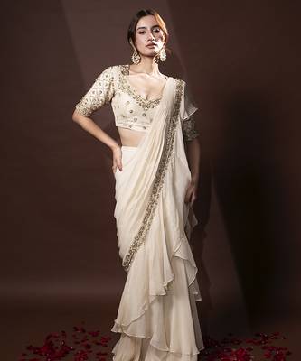 White organza plain saree with embroidered blouse 1