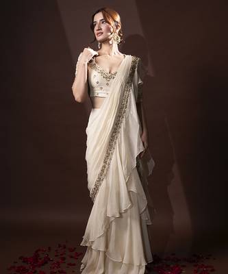 White organza plain saree with embroidered blouse 4