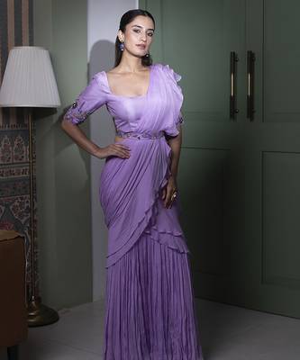Purple chinnon plain saree with embroidered blouse & belt 1