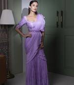 Purple chinnon plain saree with embroidered blouse & belt