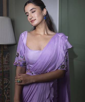Purple chinnon plain saree with embroidered blouse & belt 2