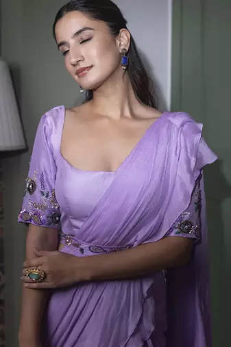 Purple chinnon plain saree with embroidered blouse & belt