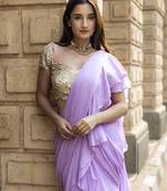Lilac chinnon plain saree with embroidered blouse & belt