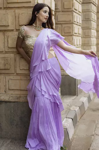 Lilac chinnon plain saree with embroidered blouse & belt