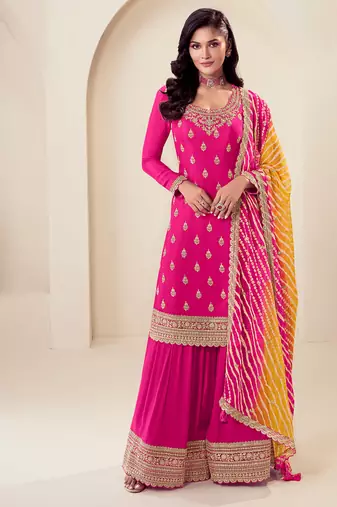 pink chinon straight suit