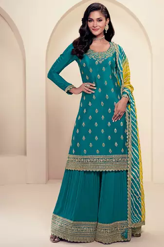 designer green chinon straight suit for women ethnic wear