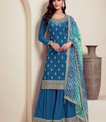 designer blue chinon straight suit for women ethnic wear