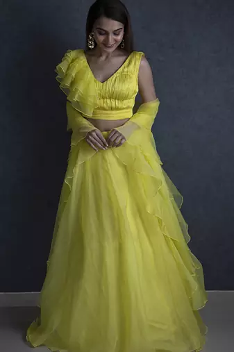 yellow organza plain Lehenga