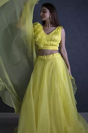 yellow organza plain Lehenga