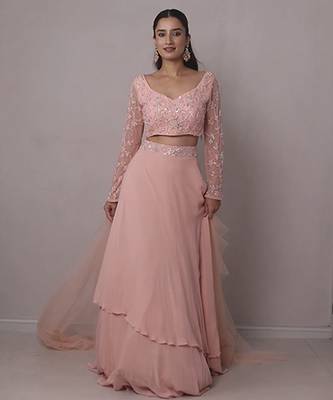 pink organza plain Lehenga with embroidered Blouse 1