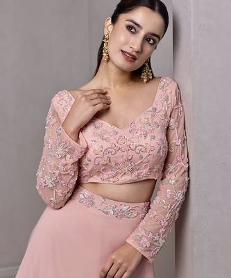 pink organza plain Lehenga with embroidered Blouse 2
