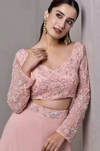 pink organza plain Lehenga with embroidered Blouse