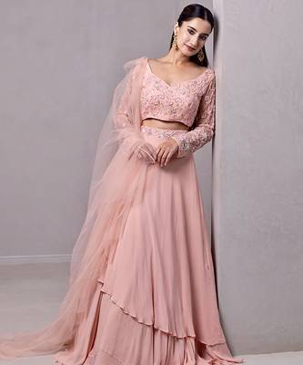 pink organza plain Lehenga with embroidered Blouse 3