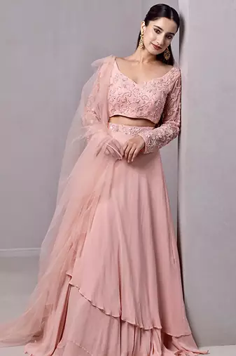 pink organza plain Lehenga with embroidered Blouse