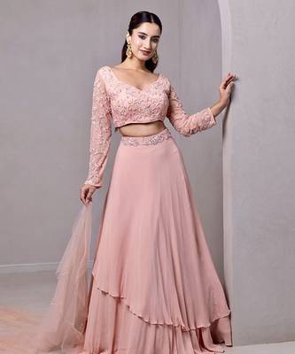 pink organza plain Lehenga with embroidered Blouse 4