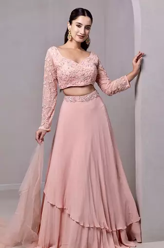 pink organza plain Lehenga with embroidered Blouse
