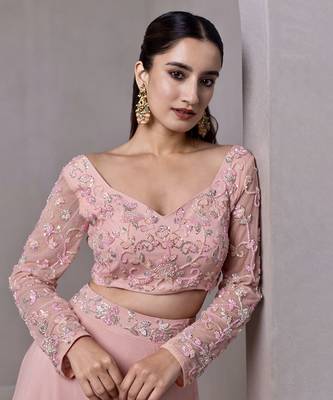 pink organza plain Lehenga with embroidered Blouse 5