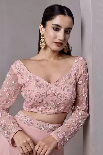 pink organza plain Lehenga with embroidered Blouse