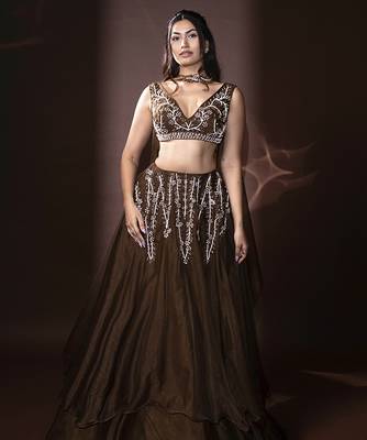 brown organza embroidered Lehenga 1