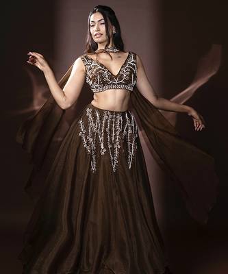 brown organza embroidered Lehenga 5