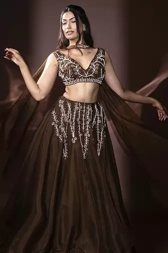 brown organza embroidered Lehenga