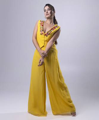 Yellow organza plain co ord set 2