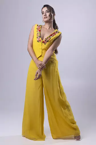 Yellow organza plain co ord set