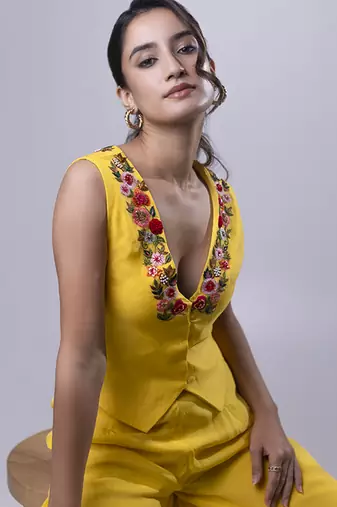 Yellow organza plain co ord set