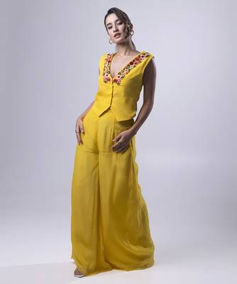 Yellow organza plain co ord set 4