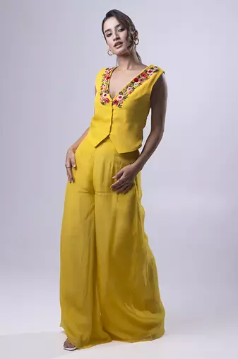 Yellow organza plain co ord set